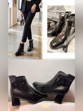 Classic Quilted Patent Leather Ankle Boots - Black  size 36 New